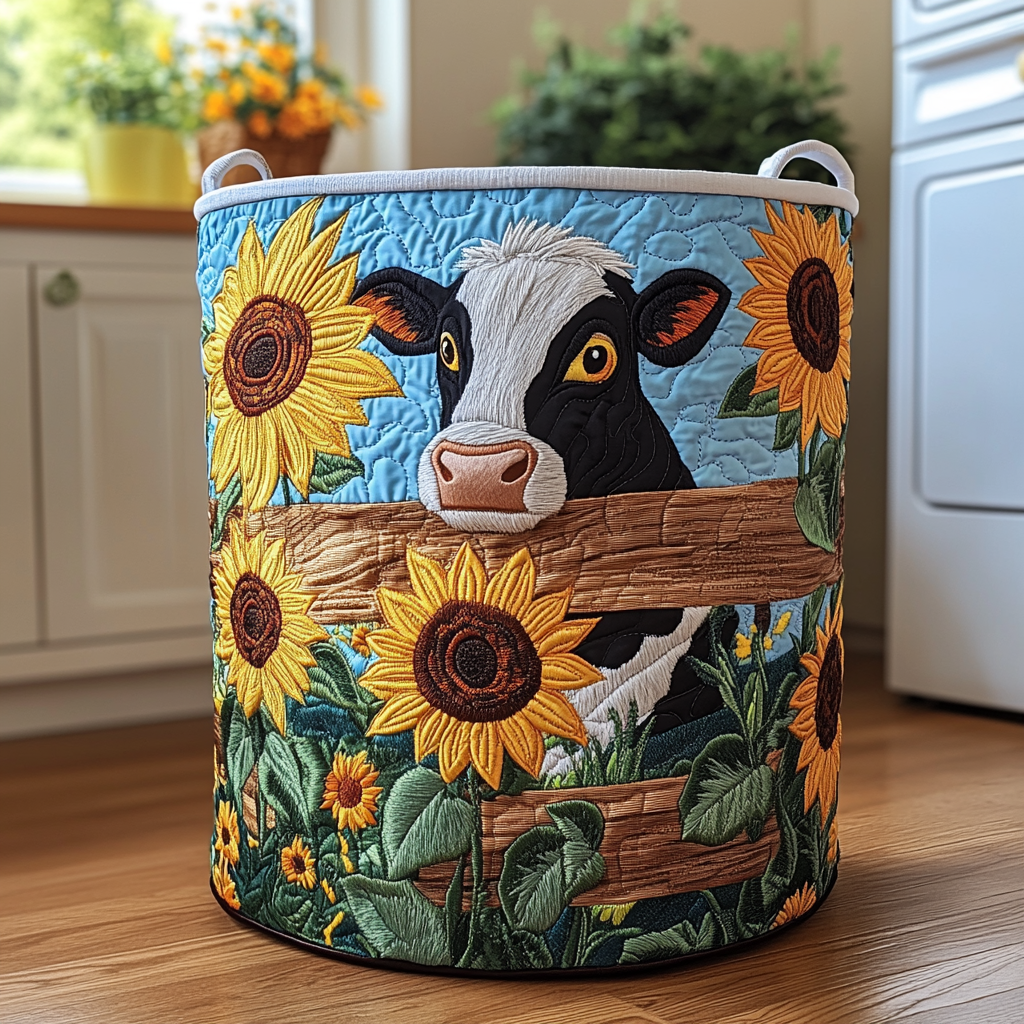 Cow Valley Quilted Laundry Basket - Fabric Laundry Hamper - Housewarming Gift for Mom