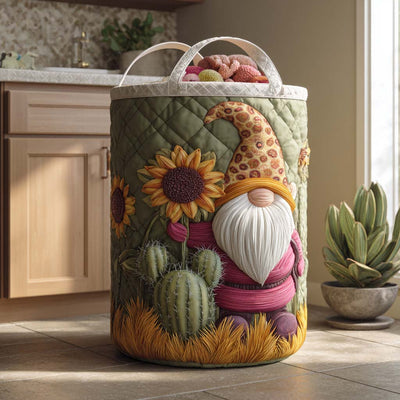 Sunny Gnome Hug Quilted Laundry Basket - Fabric Laundry Hamper - Housewarming Gift for Mom