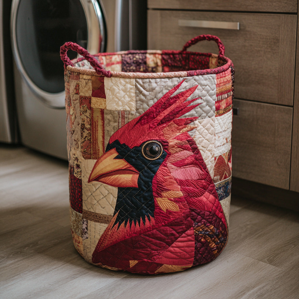 Patchwork Cardinal Quilted Laundry Basket - Fabric Laundry Hamper - Housewarming Gift for Mom