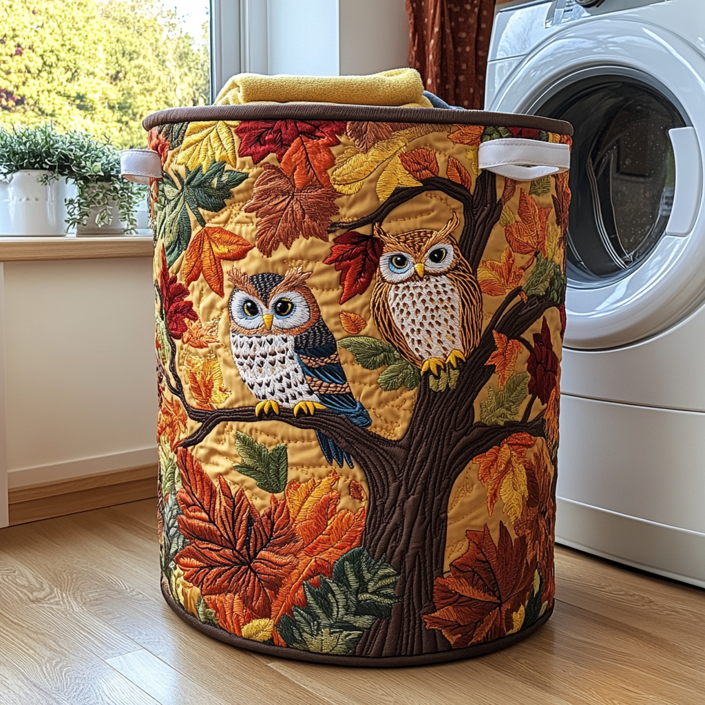 Forest Owl Quilted Laundry Basket - Fabric Laundry Hamper - Housewarming Gift for Mom