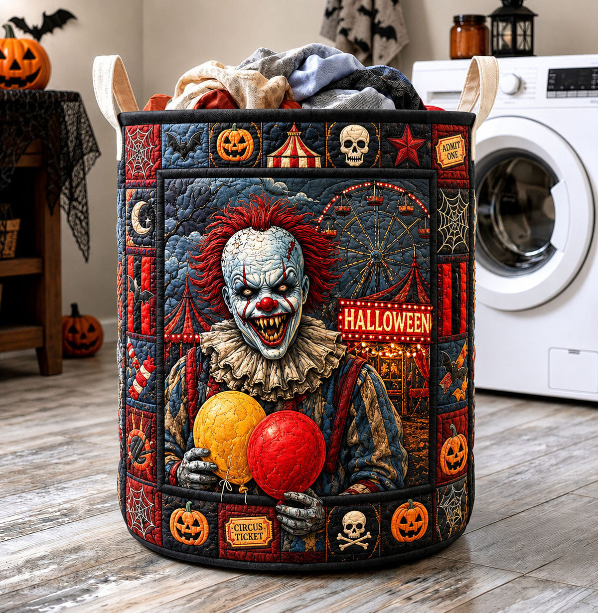 Haunted Carnival Clown Halloween Quilted Laundry Basket GFTOHNL1696 Housewarming Gifts Gift For Mom