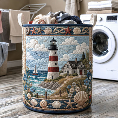 Lighthouse Haven Quilted Laundry Basket - Fabric Laundry Hamper - Housewarming Gift for Mom