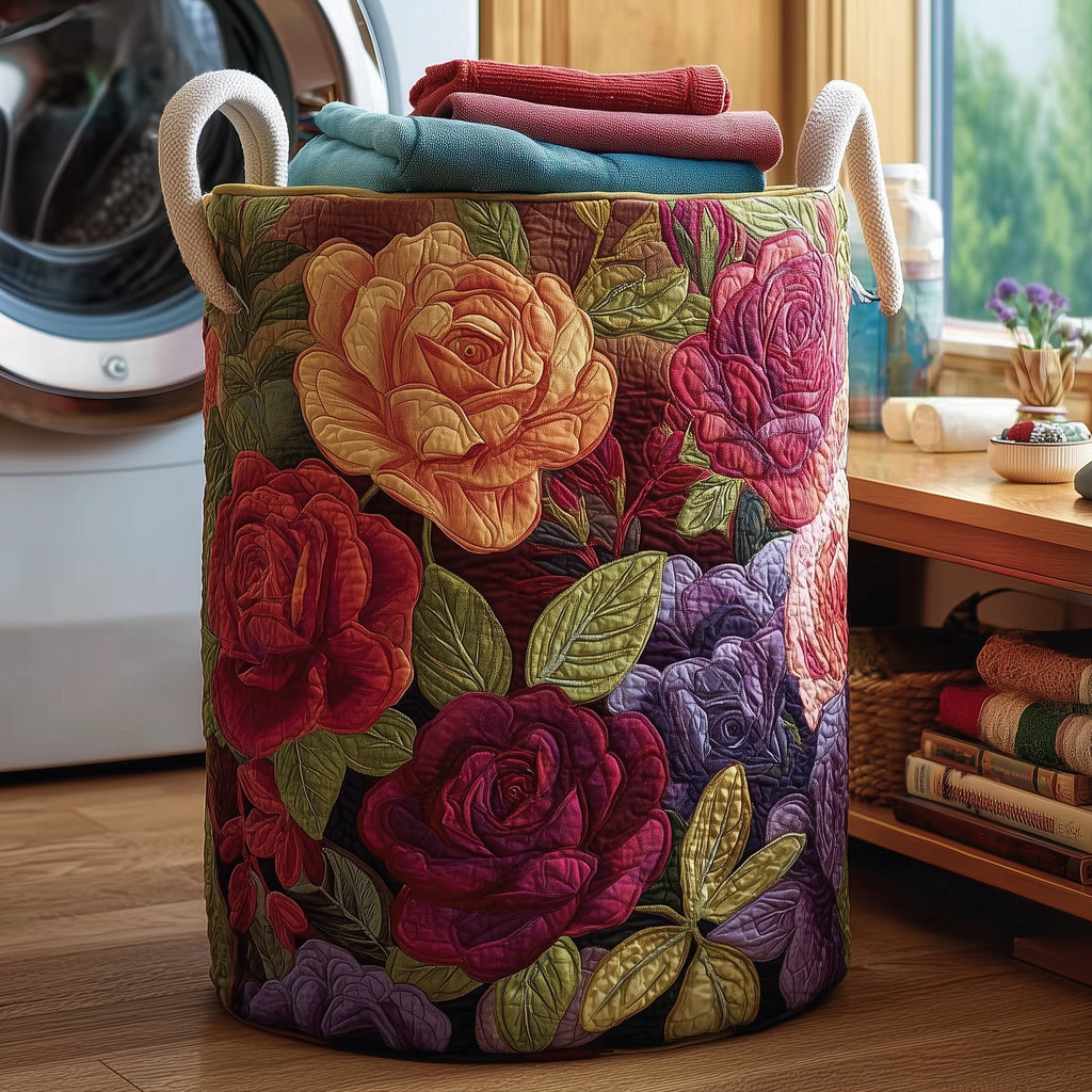 Rose Quilted Laundry Basket - Fabric Laundry Hamper - Housewarming Gift for Mom