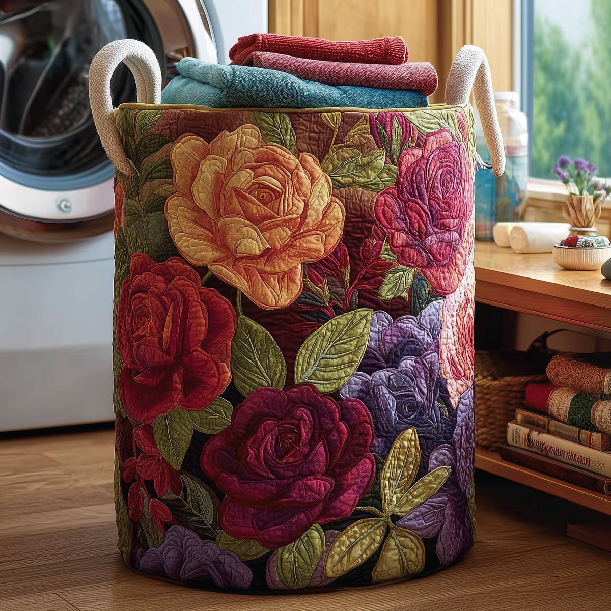 Rose Quilted Laundry Basket - Fabric Laundry Hamper - Housewarming Gift for Mom