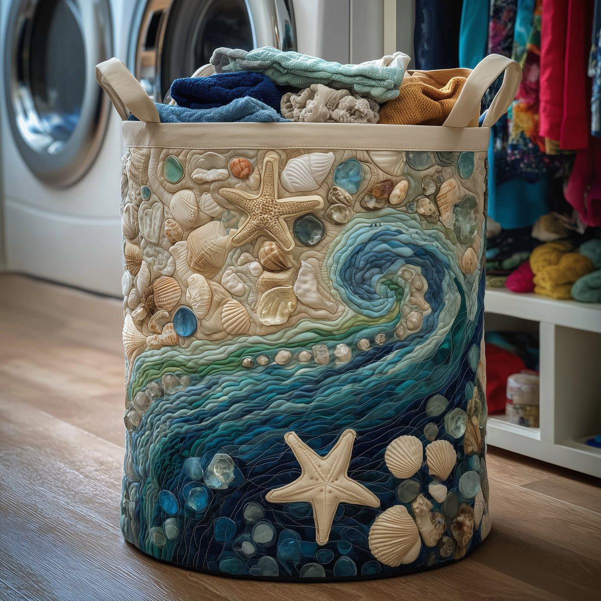 Ocean Breeze Quilted Laundry Basket - Fabric Laundry Hamper - Housewarming Gift for Mom