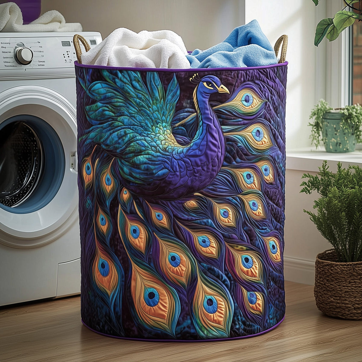 Elegant Peacock Quilted Laundry Basket - Fabric Laundry Hamper - Housewarming Gift for Mom