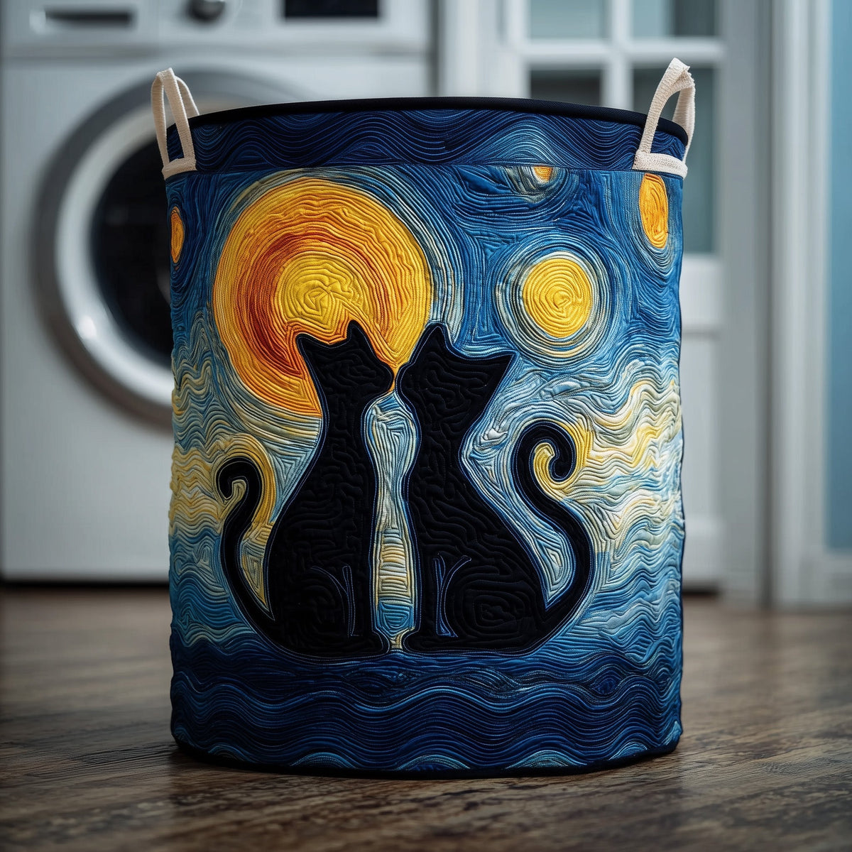 Starry Night Cat Couple Quilted Laundry Basket - Fabric Laundry Hamper - Housewarming Gift for Mom