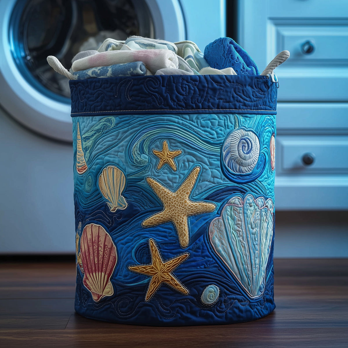 Ocean Breeze Quilted Laundry Basket - Fabric Laundry Hamper - Housewarming Gift for Mom