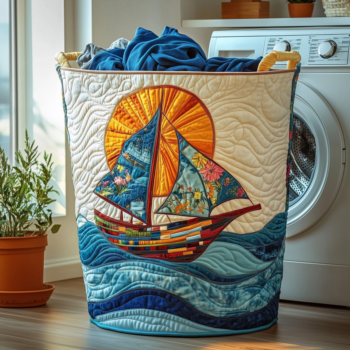Sailling Ship Quilted Laundry Basket - Fabric Laundry Hamper - Housewarming Gift for Mom