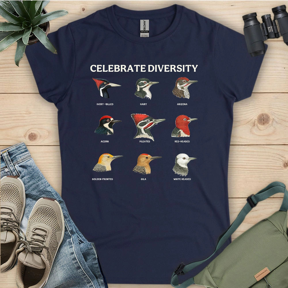 Woodpecker Diversity Women's T-Shirt - Bird Graphic Tee - Gift for Bird Lovers
