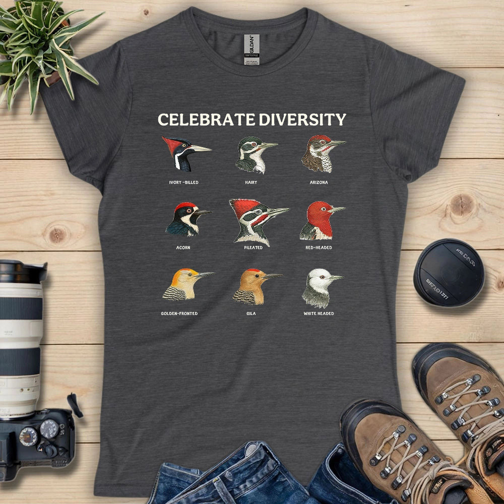 Woodpecker Diversity Women's T-Shirt - Bird Graphic Tee - Gift for Bird Lovers