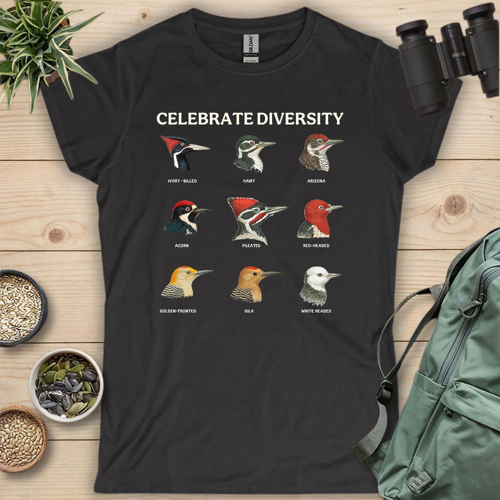 Woodpecker Diversity Women's T-Shirt - Bird Graphic Tee - Gift for Bird Lovers