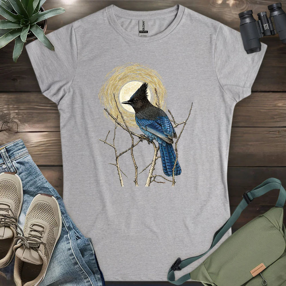 Steller's Jay Under Forest Moonlight Women's T-Shirt - Bird Graphic Tee - Gift for Bird Lovers