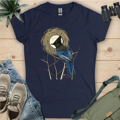 Steller's Jay Under Forest Moonlight Women's T-Shirt - Bird Graphic Tee - Gift for Bird Lovers