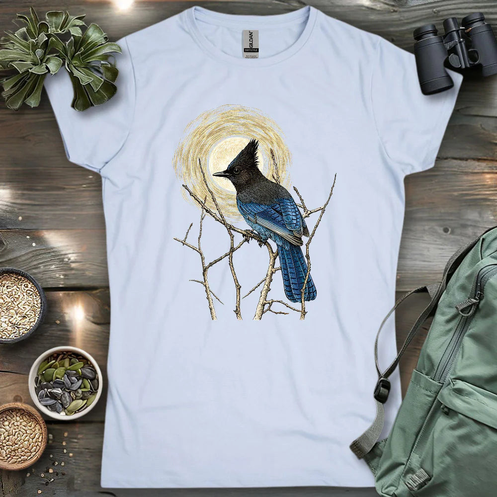 Steller's Jay Under Forest Moonlight Women's T-Shirt - Bird Graphic Tee - Gift for Bird Lovers