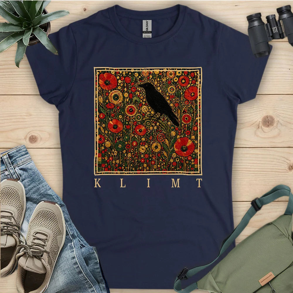 Klimt Raven In Flower Field Women's T-Shirt - Bird Graphic Tee - Gift for Bird Lovers