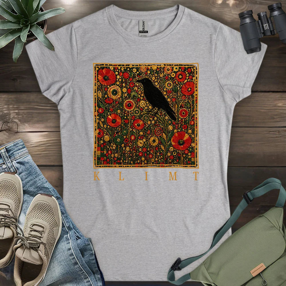 Klimt Raven In Flower Field Women's T-Shirt - Bird Graphic Tee - Gift for Bird Lovers