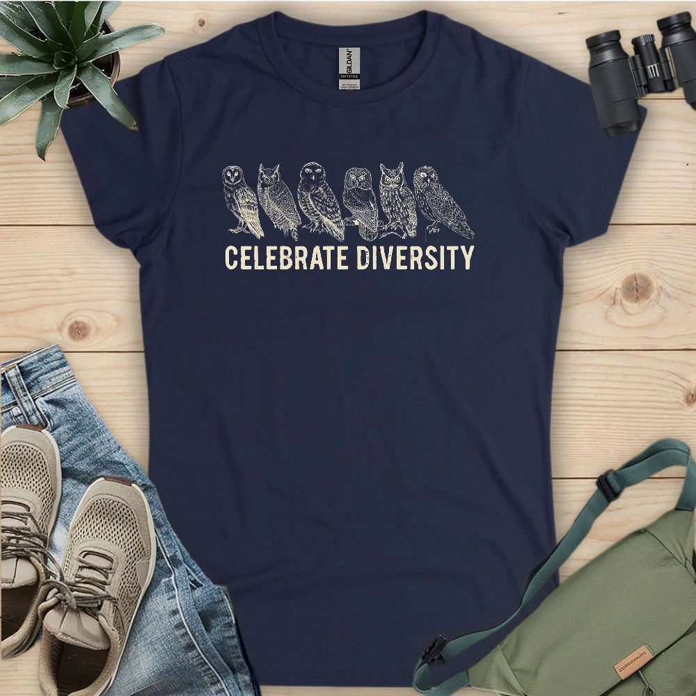 Celebrate Owl Diversity Women's T-Shirt - Bird Graphic Tee - Gift for Bird Lovers
