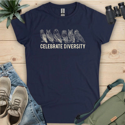 Celebrate Owl Diversity Women's T-Shirt - Bird Graphic Tee - Gift for Bird Lovers