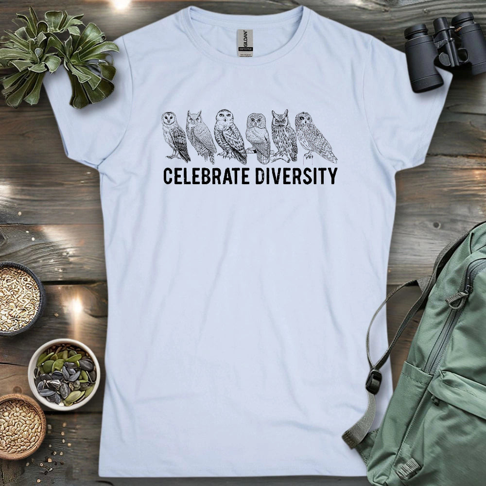 Celebrate Owl Diversity Women's T-Shirt - Bird Graphic Tee - Gift for Bird Lovers