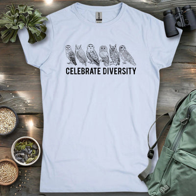 Celebrate Owl Diversity Women's T-Shirt - Bird Graphic Tee - Gift for Bird Lovers