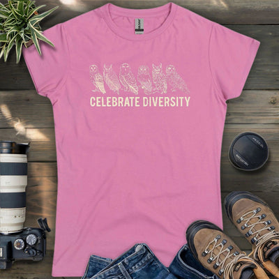Celebrate Owl Diversity Women's T-Shirt - Bird Graphic Tee - Gift for Bird Lovers