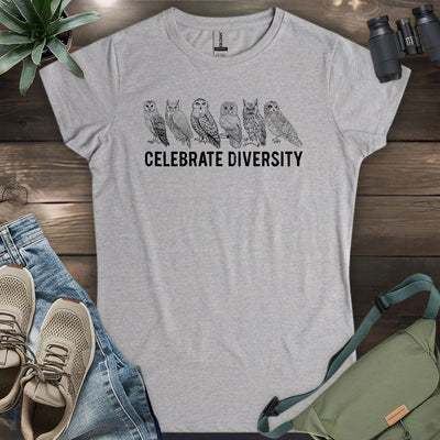 Celebrate Owl Diversity Women's T-Shirt - Bird Graphic Tee - Gift for Bird Lovers