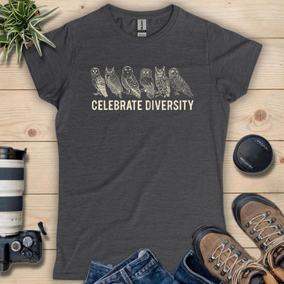 Celebrate Owl Diversity Women's T-Shirt - Bird Graphic Tee - Gift for Bird Lovers