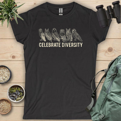 Celebrate Owl Diversity Women's T-Shirt - Bird Graphic Tee - Gift for Bird Lovers