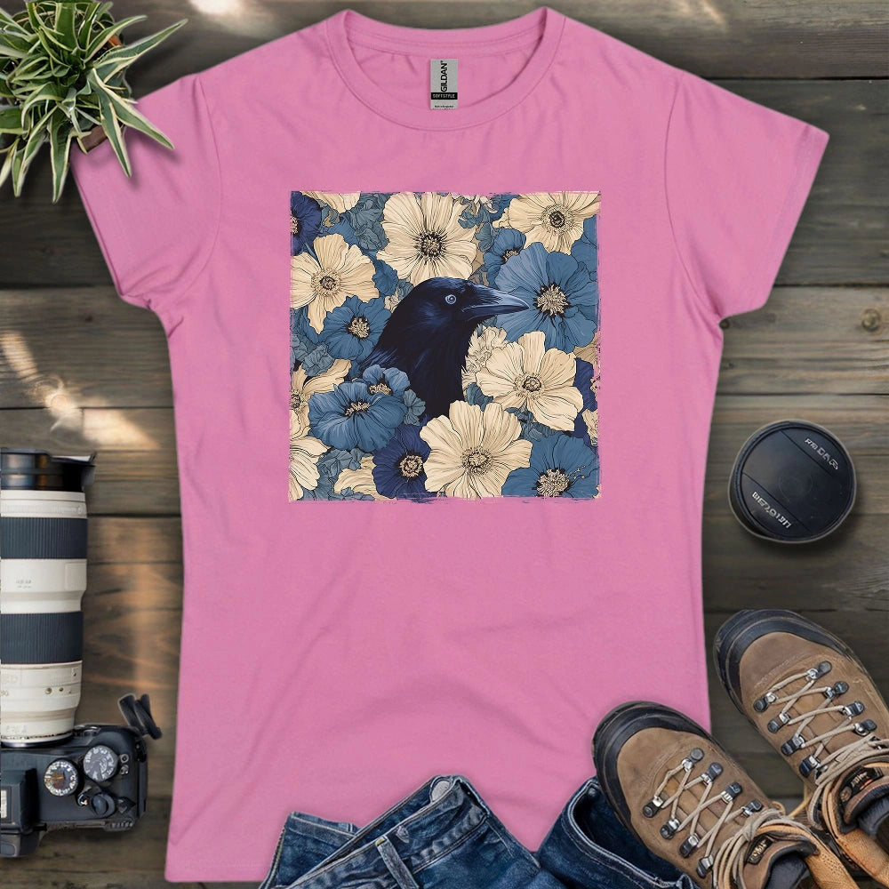 Raven In Flower Field Women's T-Shirt - Bird Graphic Tee - Gift for Bird Lovers