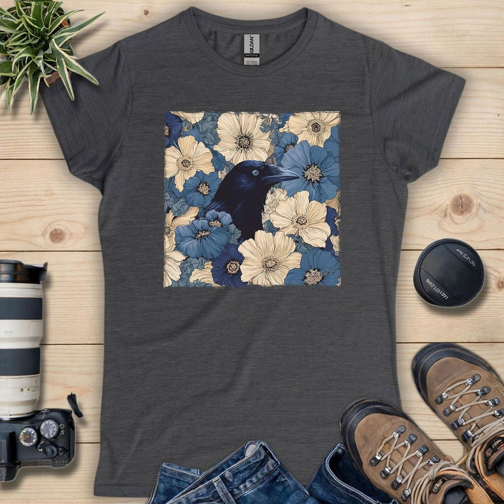 Raven In Flower Field Women's T-Shirt - Bird Graphic Tee - Gift for Bird Lovers