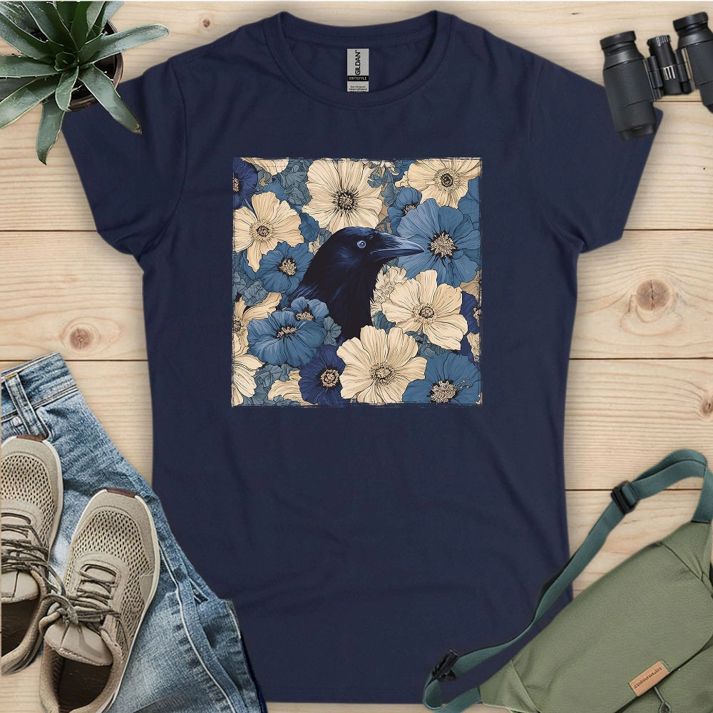Raven In Flower Field Women's T-Shirt - Bird Graphic Tee - Gift for Bird Lovers