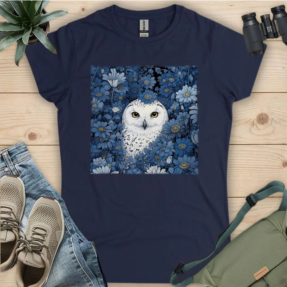 Snowy Owl In Flower Field Women's T-Shirt - Bird Graphic Tee - Gift for Bird Lovers