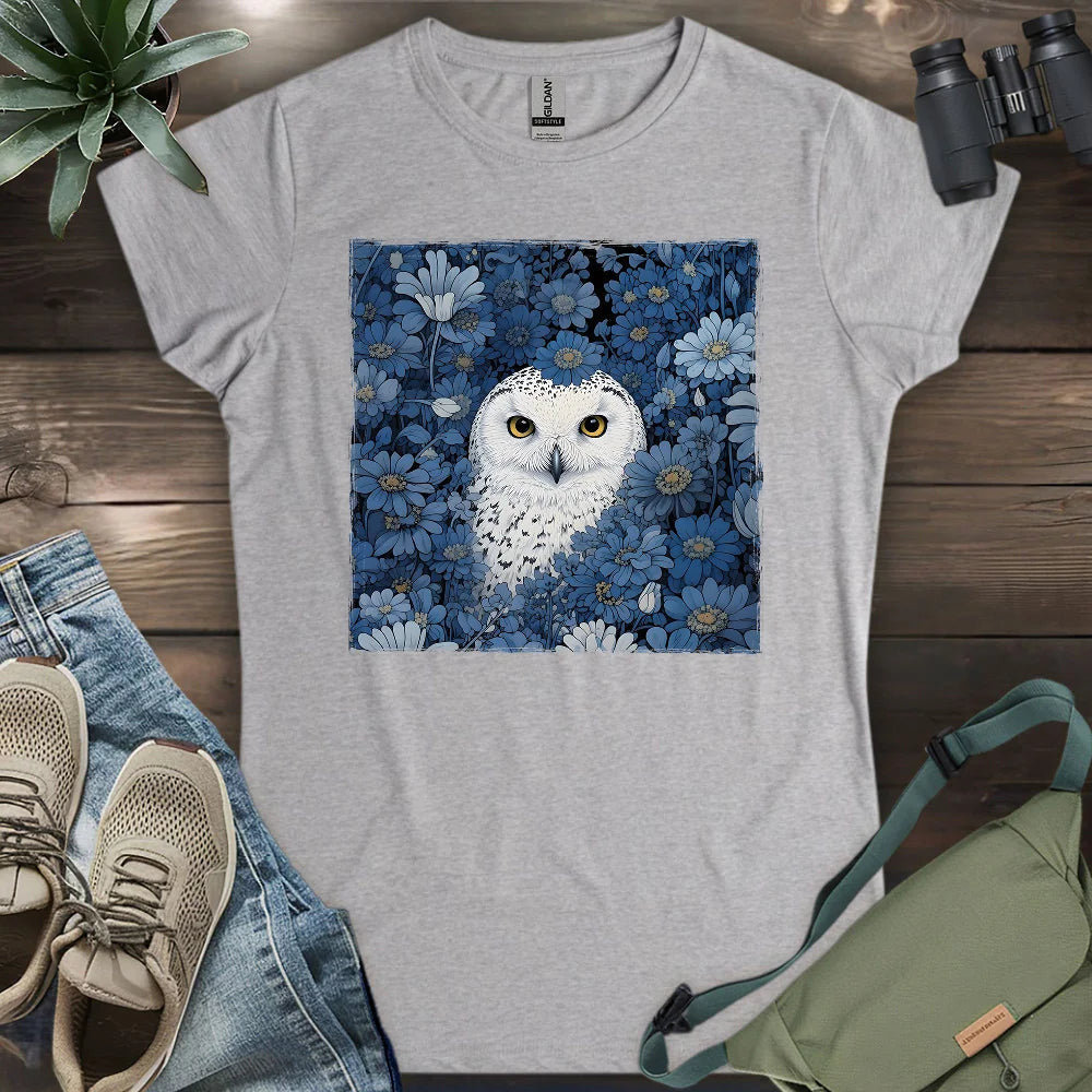 Snowy Owl In Flower Field Women's T-Shirt - Bird Graphic Tee - Gift for Bird Lovers