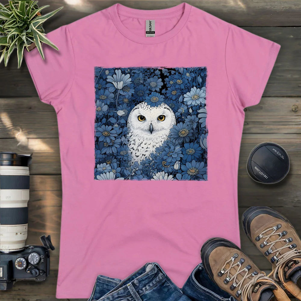Snowy Owl In Flower Field Women's T-Shirt - Bird Graphic Tee - Gift for Bird Lovers