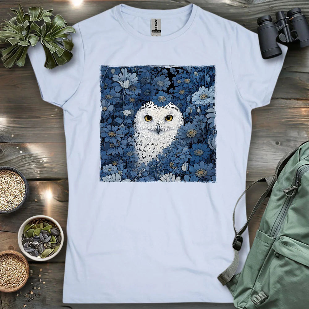 Snowy Owl In Flower Field Women's T-Shirt - Bird Graphic Tee - Gift for Bird Lovers