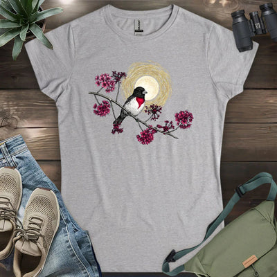 Grosbeak Under Forest's Moonlight Women's T-Shirt - Bird Graphic Tee - Gift for Bird Lovers