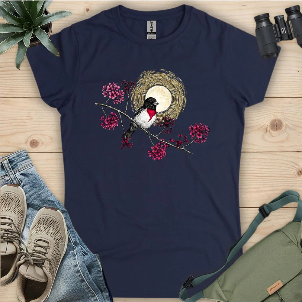 Grosbeak Under Forest's Moonlight Women's T-Shirt - Bird Graphic Tee - Gift for Bird Lovers