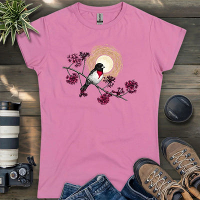 Grosbeak Under Forest's Moonlight Women's T-Shirt - Bird Graphic Tee - Gift for Bird Lovers