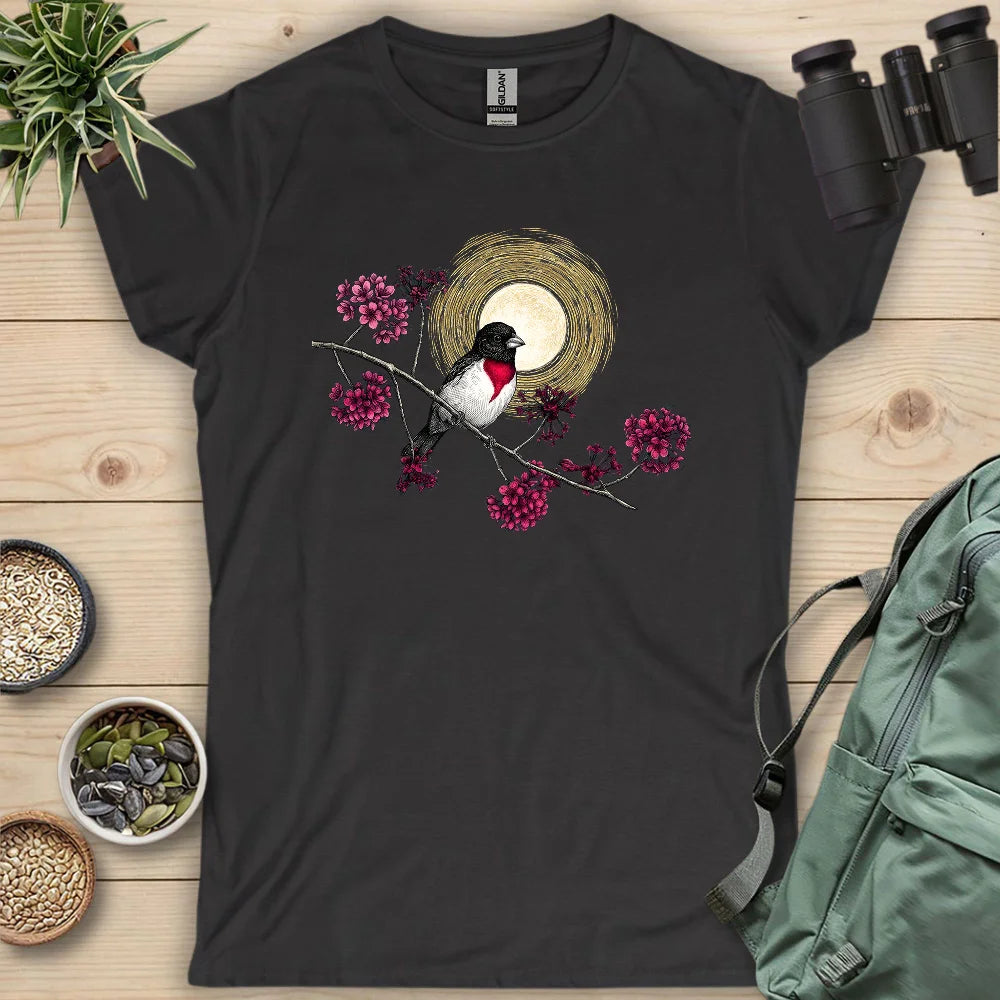 Grosbeak Under Forest's Moonlight Women's T-Shirt - Bird Graphic Tee - Gift for Bird Lovers