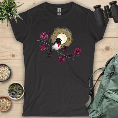 Grosbeak Under Forest's Moonlight Women's T-Shirt - Bird Graphic Tee - Gift for Bird Lovers