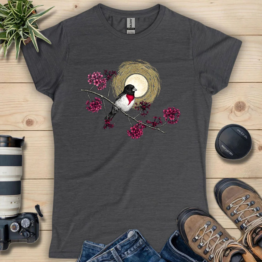 Grosbeak Under Forest's Moonlight Women's T-Shirt - Bird Graphic Tee - Gift for Bird Lovers
