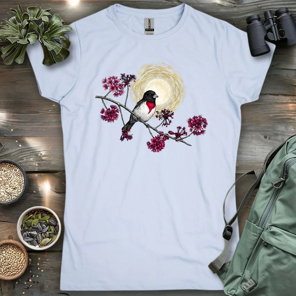 Grosbeak Under Forest's Moonlight Women's T-Shirt - Bird Graphic Tee - Gift for Bird Lovers