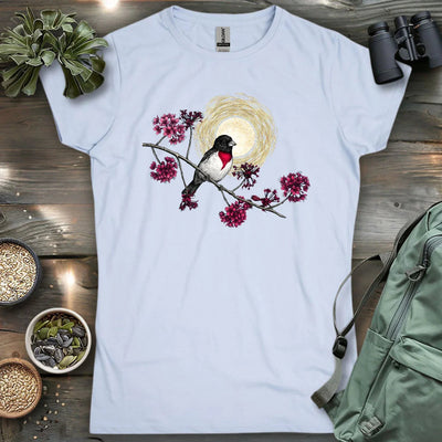 Grosbeak Under Forest's Moonlight Women's T-Shirt - Bird Graphic Tee - Gift for Bird Lovers
