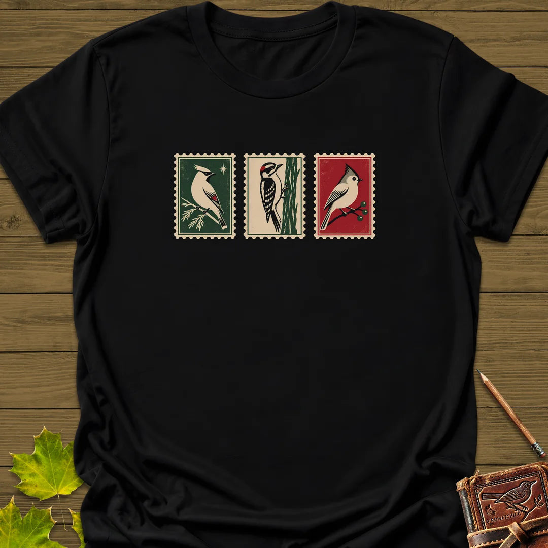 Winter Postage Trio T-Shirt - Bird Graphic Tee - Gift for Bird Lovers - Unisex