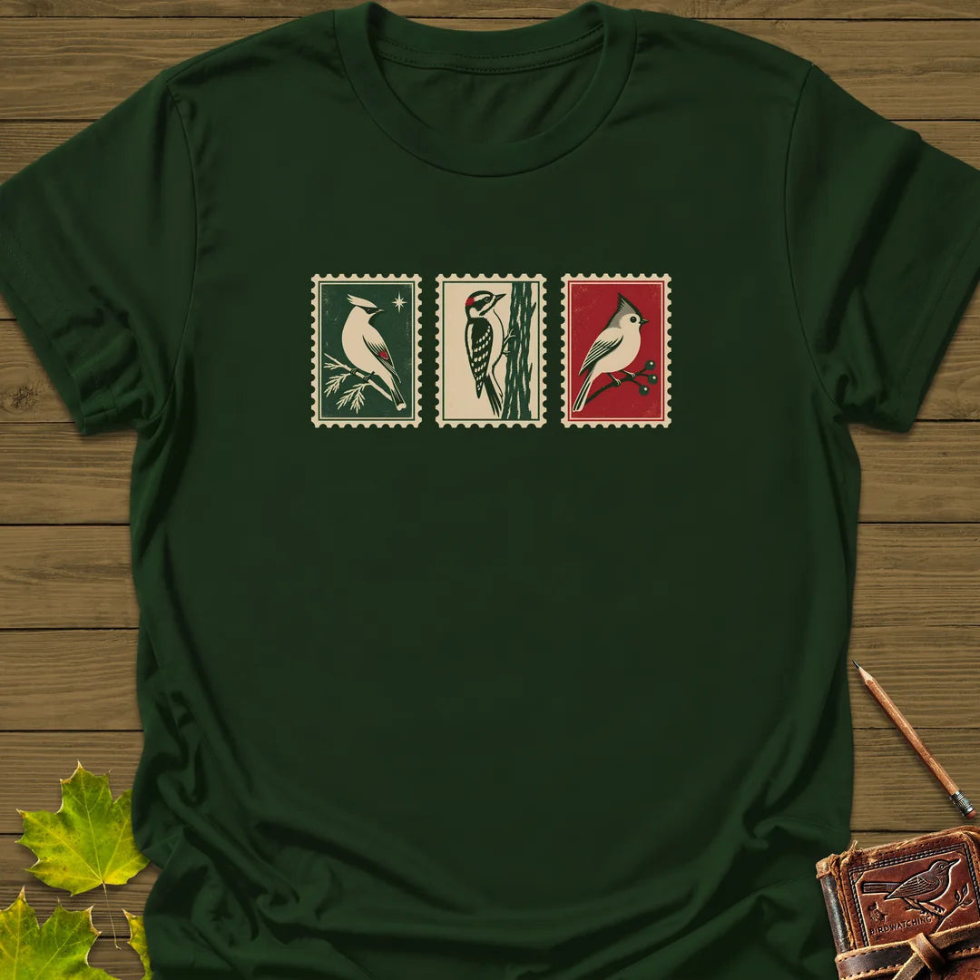 Winter Postage Trio T-Shirt - Bird Graphic Tee - Gift for Bird Lovers - Unisex