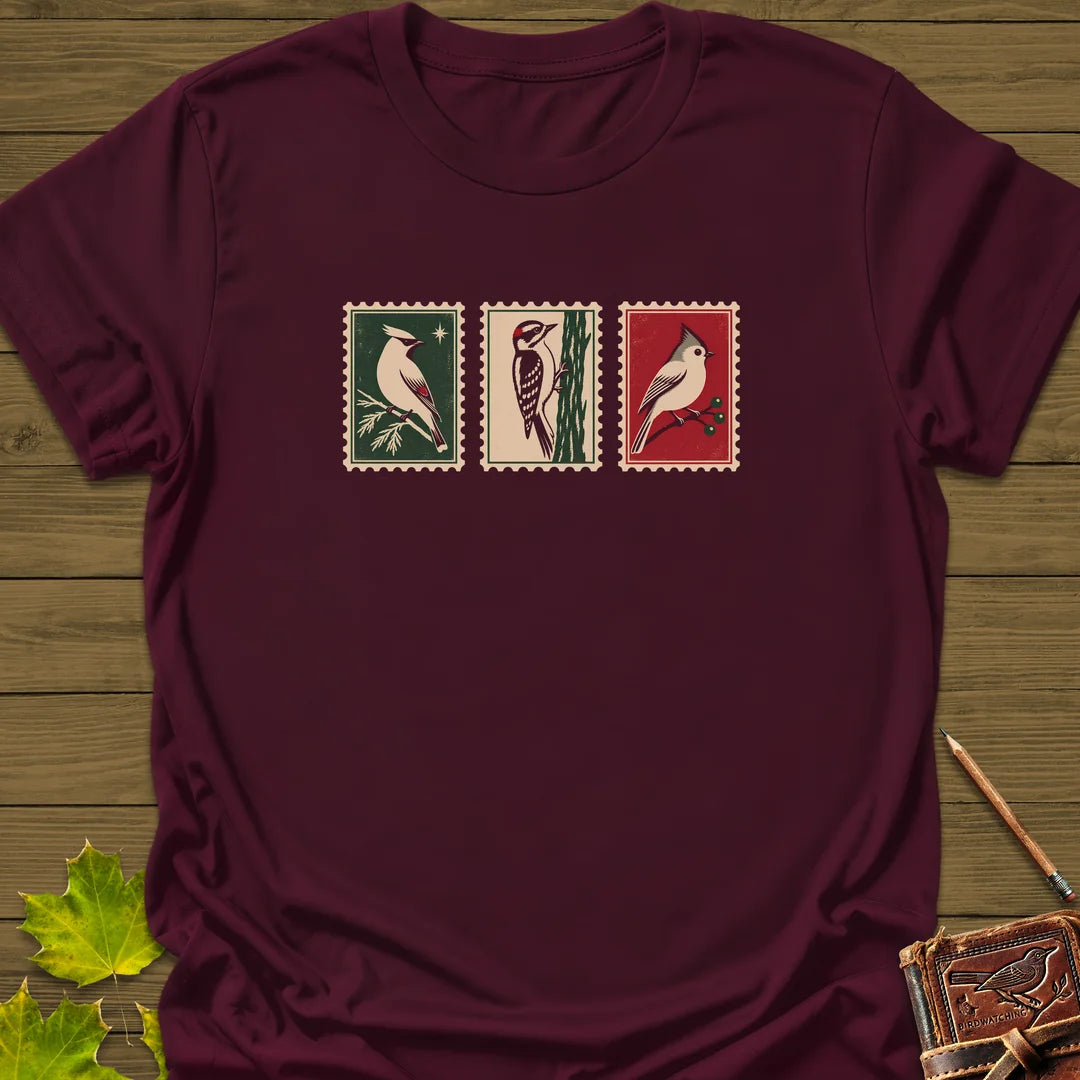 Winter Postage Trio T-Shirt - Bird Graphic Tee - Gift for Bird Lovers - Unisex