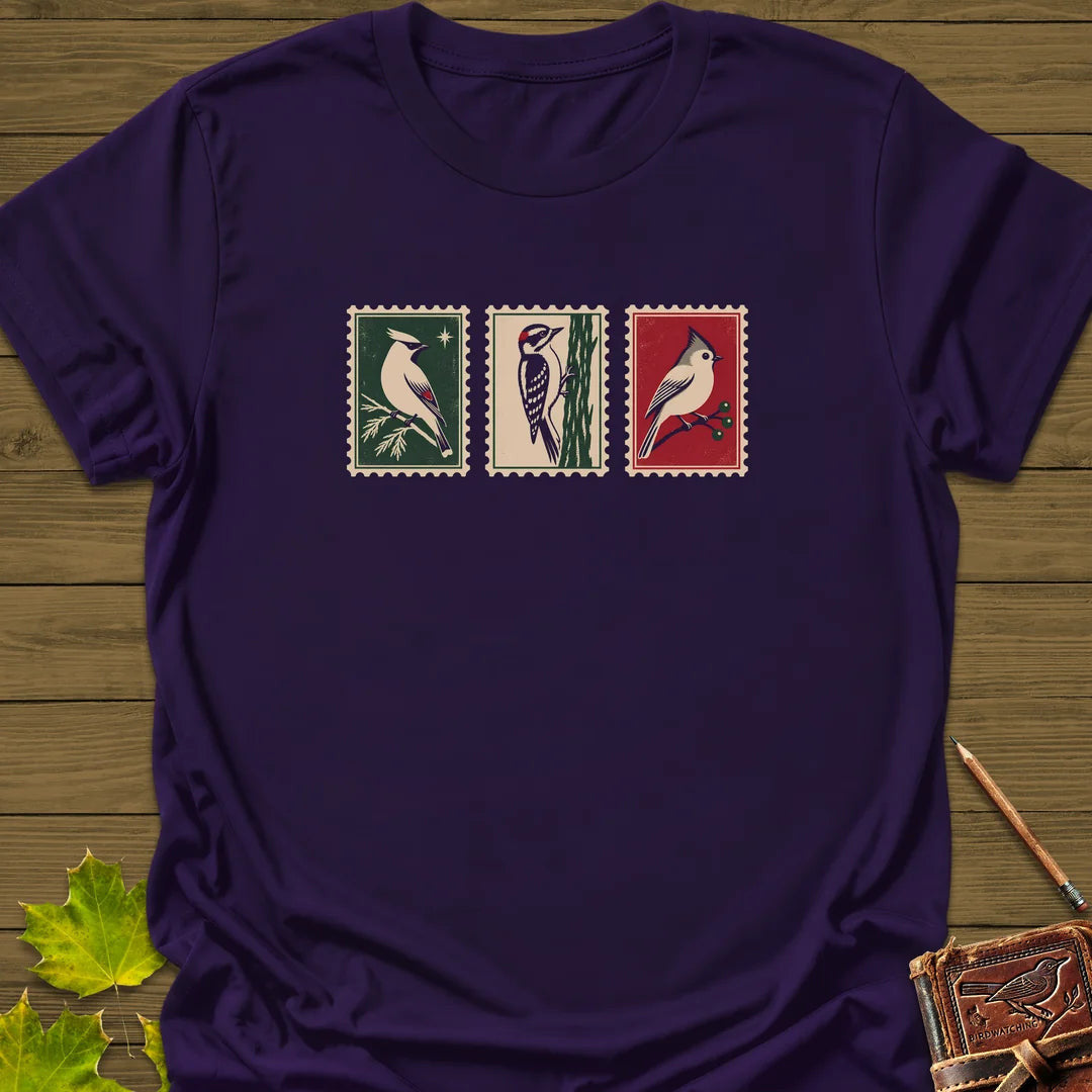 Winter Postage Trio T-Shirt - Bird Graphic Tee - Gift for Bird Lovers - Unisex