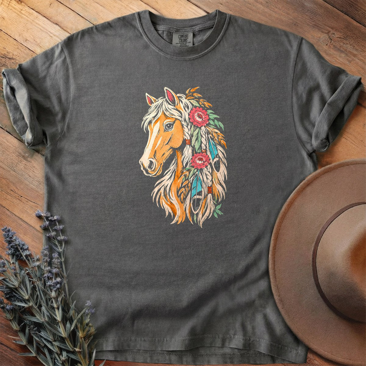 Palomino In Feathers And Bloom T-Shirt - Horse Graphic Tee - Gift for Horse Lovers - Unisex