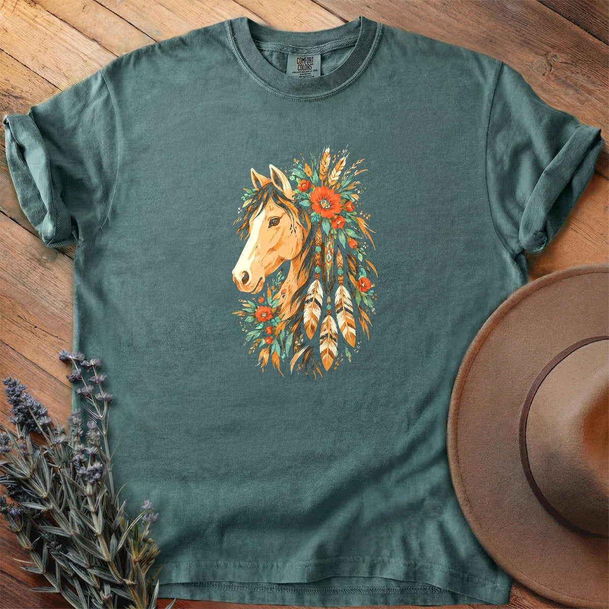 Feathers, Flowers And Turquoise T-Shirt - Horse Graphic Tee - Gift for Horse Lovers - Unisex